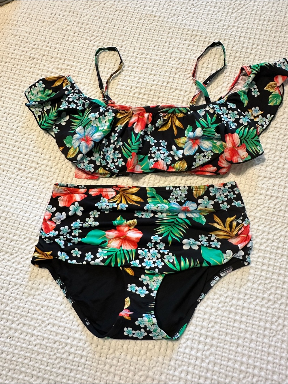 Retro Black Floral Off the Shoulder, High Waisted Bikini Set UPF 60 Quick Dry